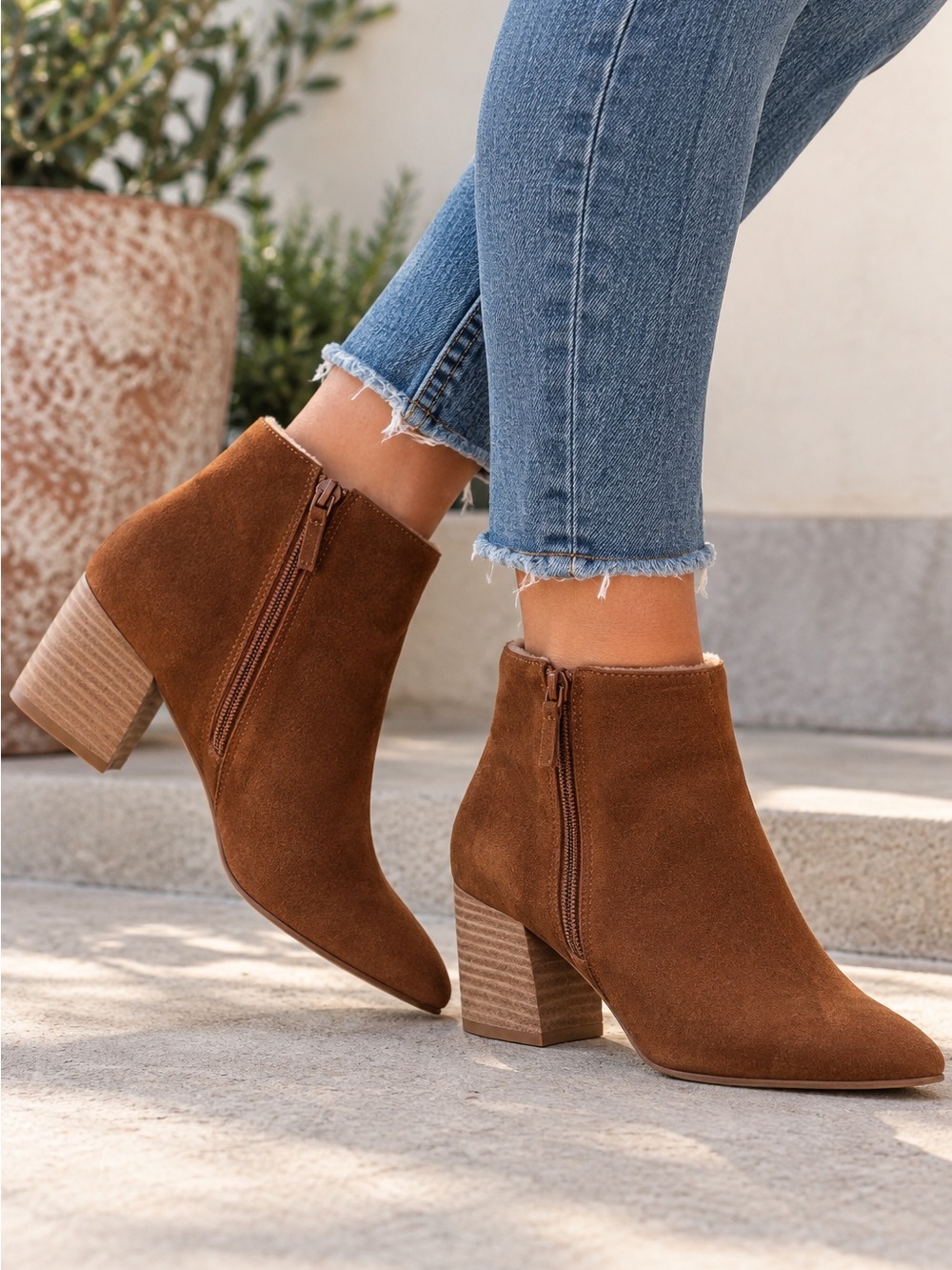 Kenzie Leather Suede Booties Cognac Brown Ankle Boots NEW in Box